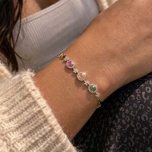 Gold Plated Multicolor CZ Bracelet Floral Link Pink Green Druzy Tennis Style